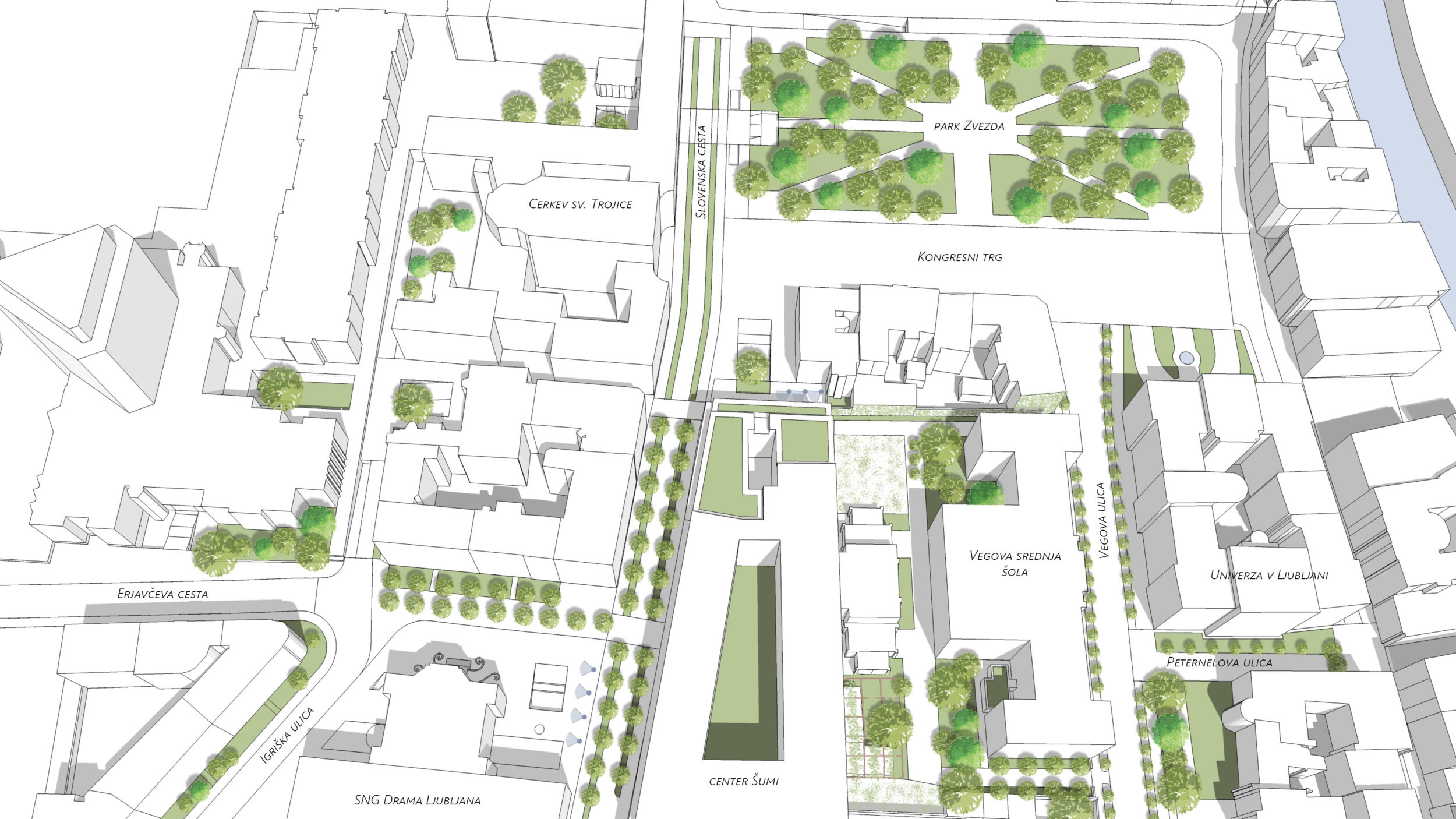 Urbanistična študija preureditve območja pri Kongresnem trgu v Ljubljani : načela načrtovanja toplotno odpornejših mest